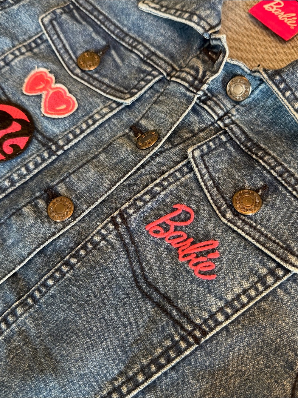 GIRLS Barbie Denim Jacket with Pink Embroidered Logo and Heart Patches